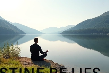 Person meditating peacefully by a calm lake in nature.