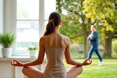 Meditation, outdoor activity, stress relief, healthy lifestyle
