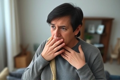 Person experiencing persistent cough after COVID-19 illness.