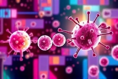 Immune cells actively fighting cancer cells abstractly.