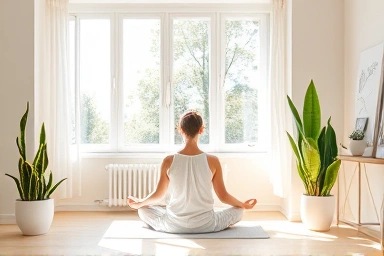 Person meditating in a peaceful, sunlit room.