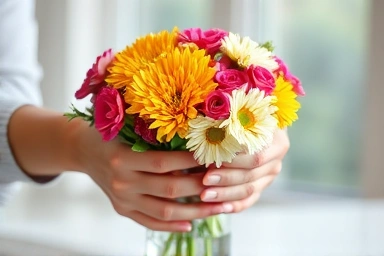 Hands arranging colorful flowers, symbolizing renewal and creativity.