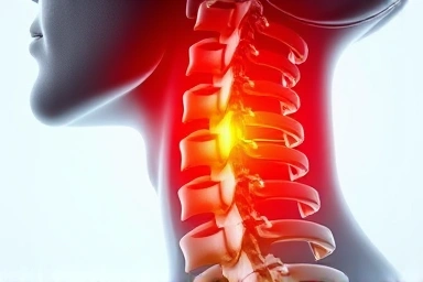 Cervical spine with compressed nerve, illustrating neck disc issues.