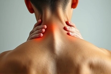 Person with neck and shoulder pain, symbolizing discomfort.