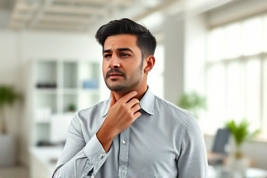 Office worker experiencing dry throat discomfort