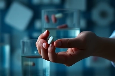Hand holding osteoporosis pill and water glass