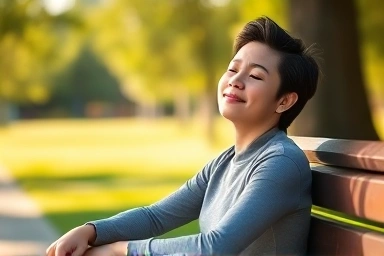 Person experiencing calm after panic attack, serene park setting.