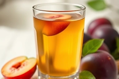 Diluted golden plum extract in a glass, with fresh plum garnish.