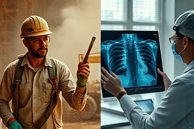 Worker in dust, medical professional examining X-ray