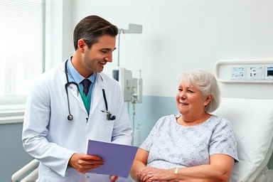 Doctor and patient discussing recovery plan in hospital.