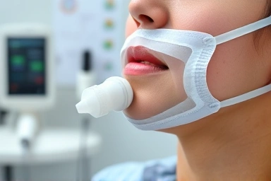Patient using breathing device for post-surgery rehabilitation.