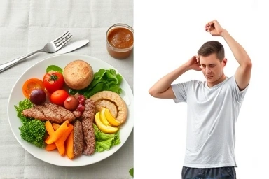 Healthy meal alongside light stretching exercise for metabolic health.