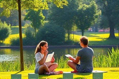 Peaceful park scene with people enjoying offline activities.