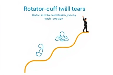Symbolic journey of rotator cuff surgery rehabilitation stages.