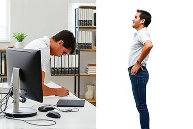 Poor posture vs. correct posture and pain relief exercises.