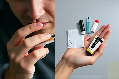 Person choosing smoking cessation aids over cigarettes for a healthier life.