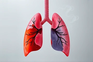 Damaged lung contrasted with healthy lung, symbolizing smoking's effect on COPD.