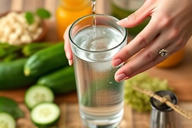 Pouring water into a glass, symbolizing hydration and natural cleansing.