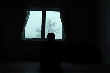 Person experiencing depression after stroke, looking out window