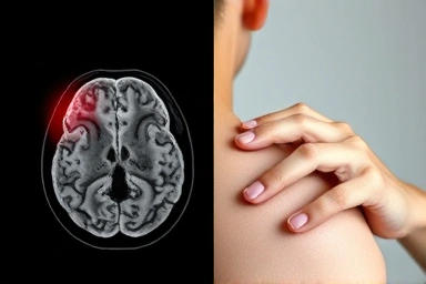 Brain scan and supportive hand, symbolizing stroke recovery and mental health