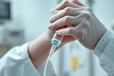 Medical care, IV administration, doctor's hands, sterile treatment
