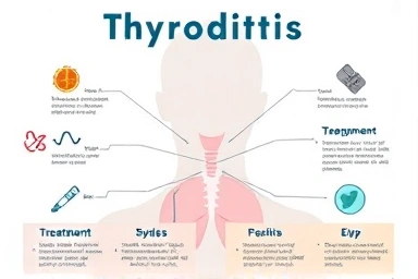 Infographic of thyroiditis types, symptoms, and treatments