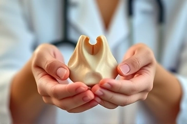 Medical professional with thyroid gland model, symbolizing care