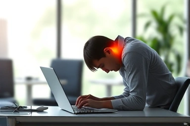 Person hunched over a laptop with neck strain