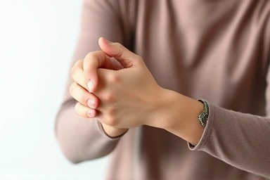 Person holding wrist in discomfort, soft light.