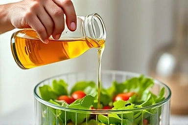 Pouring healthy plant oil into a salad, signifying omega-3 consumption.