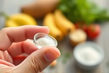 Hand holding clear capsule with amino acid powder.