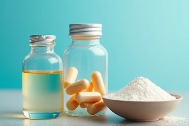 Different forms of arginine supplement: liquid, capsules, powder.