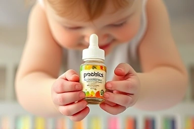 Baby holding probiotic supplement for gut health