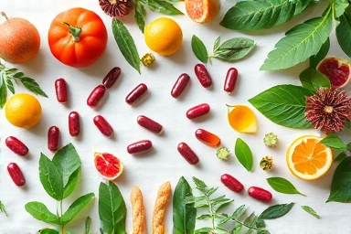 Healthy lifestyle with vitamins, fruits, and greens.