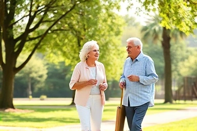 Elderly couple walking freely in park, symbolizing joint health.