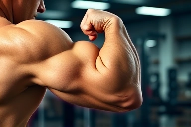 Muscular arm flexing, enhanced blood flow, muscle pump, gym