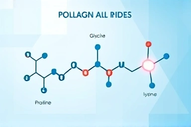 Collagen synthesis infographic with key amino acids highlighted.