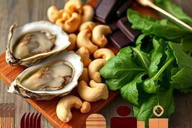 Healthy copper-rich foods like oysters, nuts, and dark chocolate.