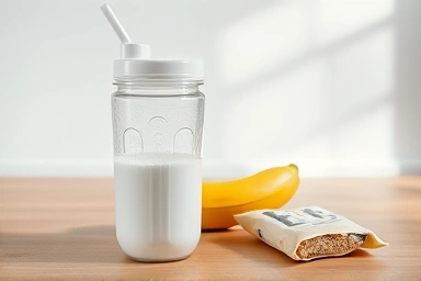 Creatine powder, shaker bottle, banana, protein bar, health supplement