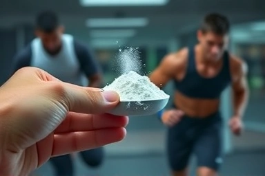 Energetic creatine powder scoop with athlete in motion.