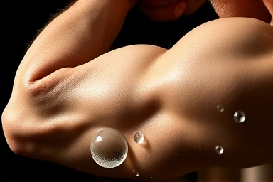 Hydrated muscle fibers with water droplets, symbolizing creatine benefits.