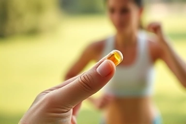 Multivitamin capsule in hand, symbolizing health during exercise