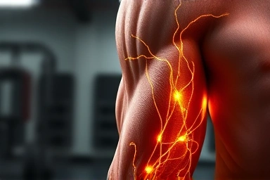 Muscle fiber with glowing essential amino acids, symbolizing EAA.
