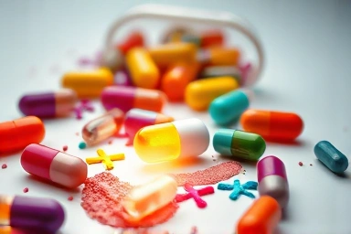 Scattered EAA supplement capsules and powders, signifying energy.