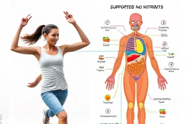 Person exercising and body diagram showing nutrient support.