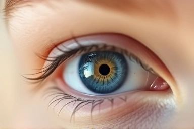 Close-up of a healthy human eye with a gentle glow.