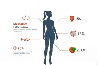 Infographic of healthy body and scientific icons for fat loss.