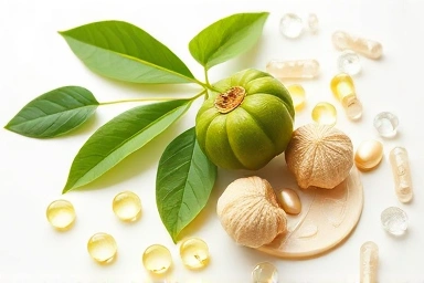 Natural ingredients for health supplements: green tea, garcinia, probiotics.