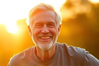 Man regaining vitality and confidence from health supplement.