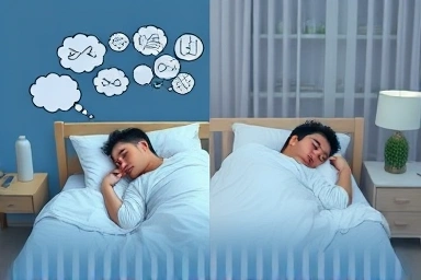 Split image: restless sleep vs. peaceful sleep, illustrating GABA's impact.